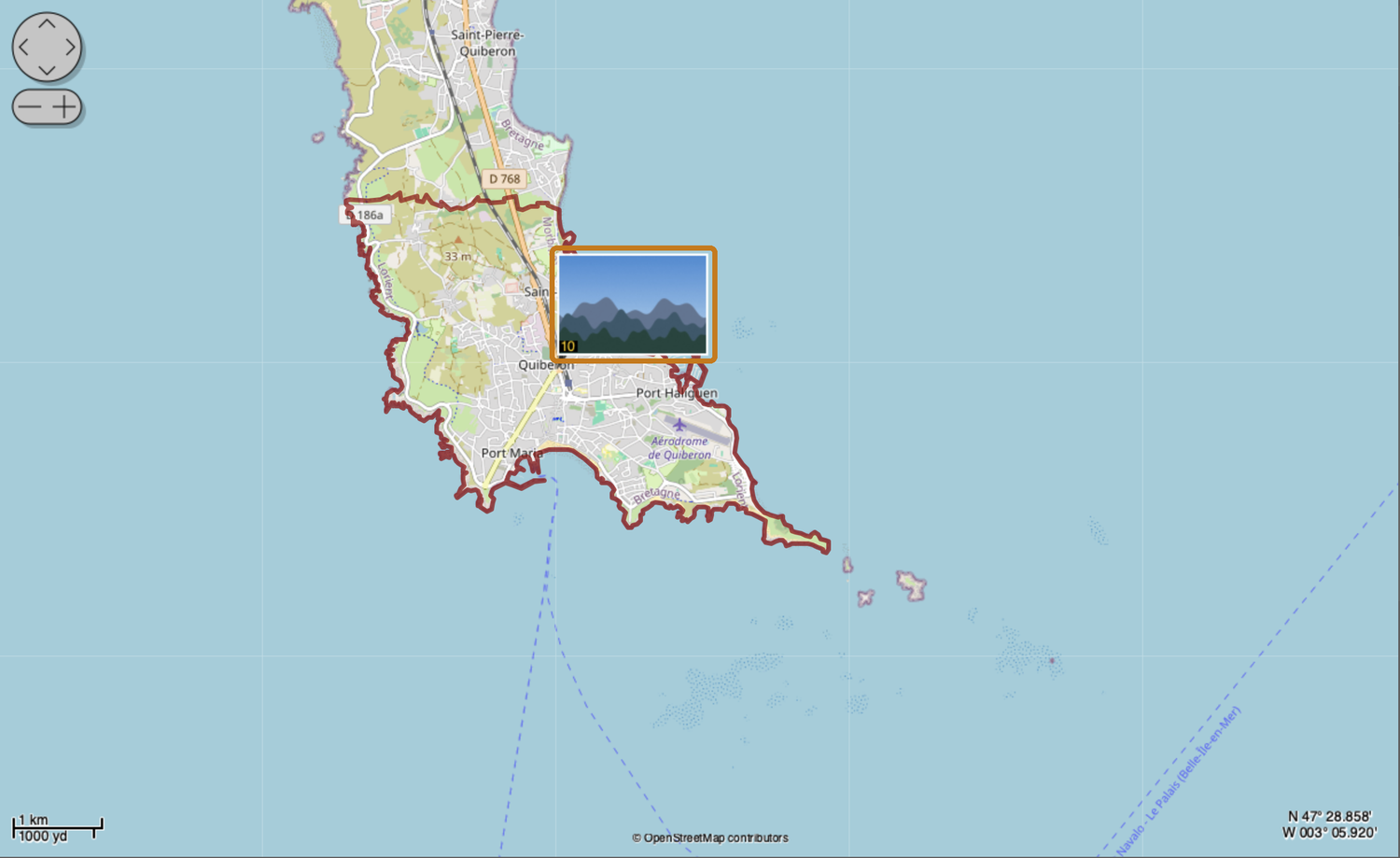 darktable : la vue Carte, avec une pastille de 10 photos posée sur Quiberon