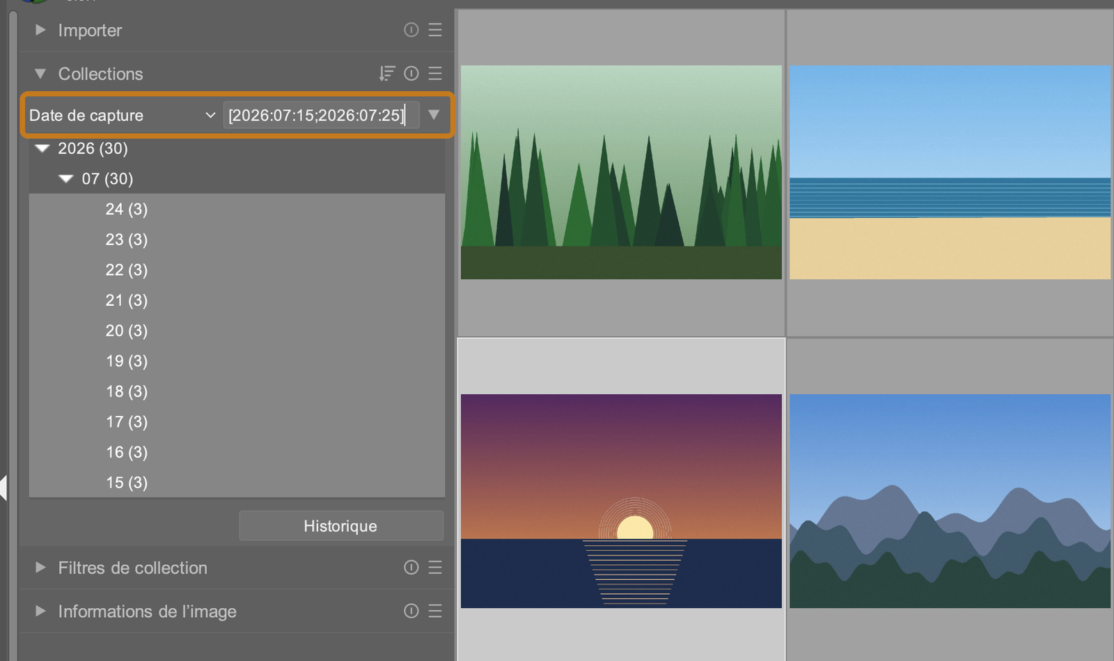 darktable : le module Collections avec une plage de dates saisie