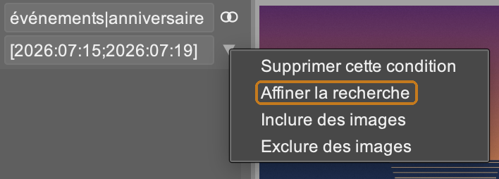 darktable : le menu de la règle de recherche, avec l'option Affiner la recherche mise en évidence