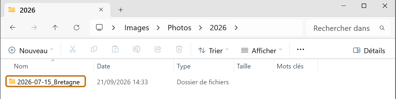 L'Explorateur Windows dans Images, Photos, 2026, avec le dossier 2026-07-15_Bretagne créé