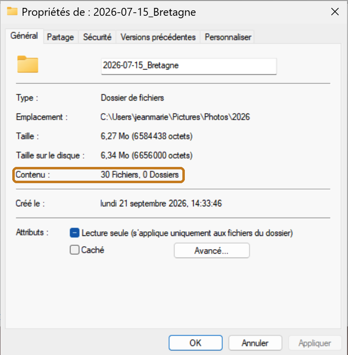 Fenêtre Propriétés du dossier 2026-07-15_Bretagne : 30 fichiers, 0 dossiers
