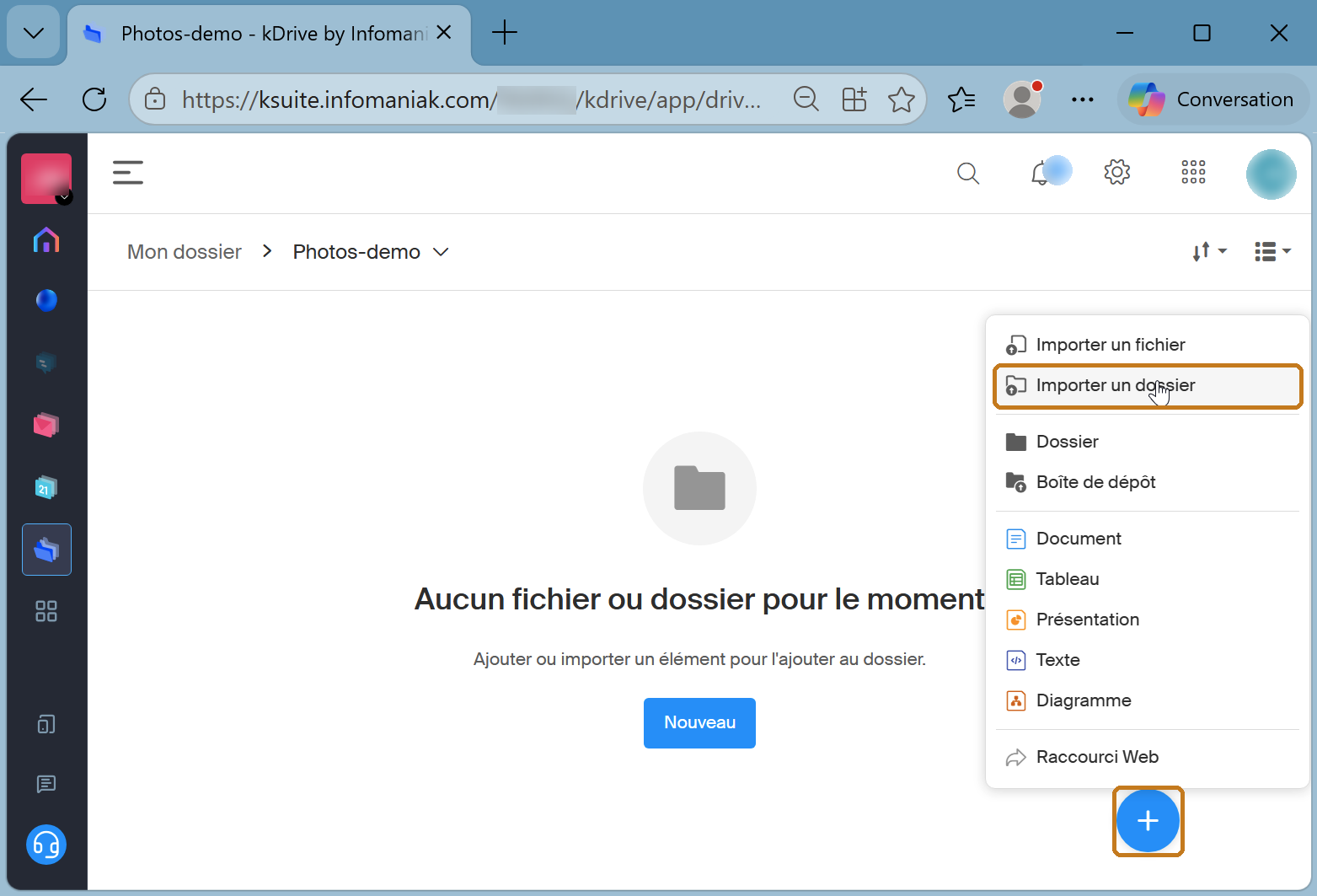 kDrive : le menu « + » ouvert, avec l'option « Importer un dossier » mise en évidence