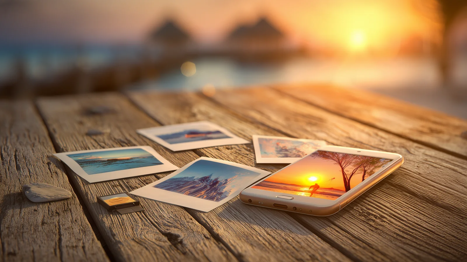 Un téléphone, une carte mémoire et des photos imprimées d'un coucher de soleil, posés sur une table en bois