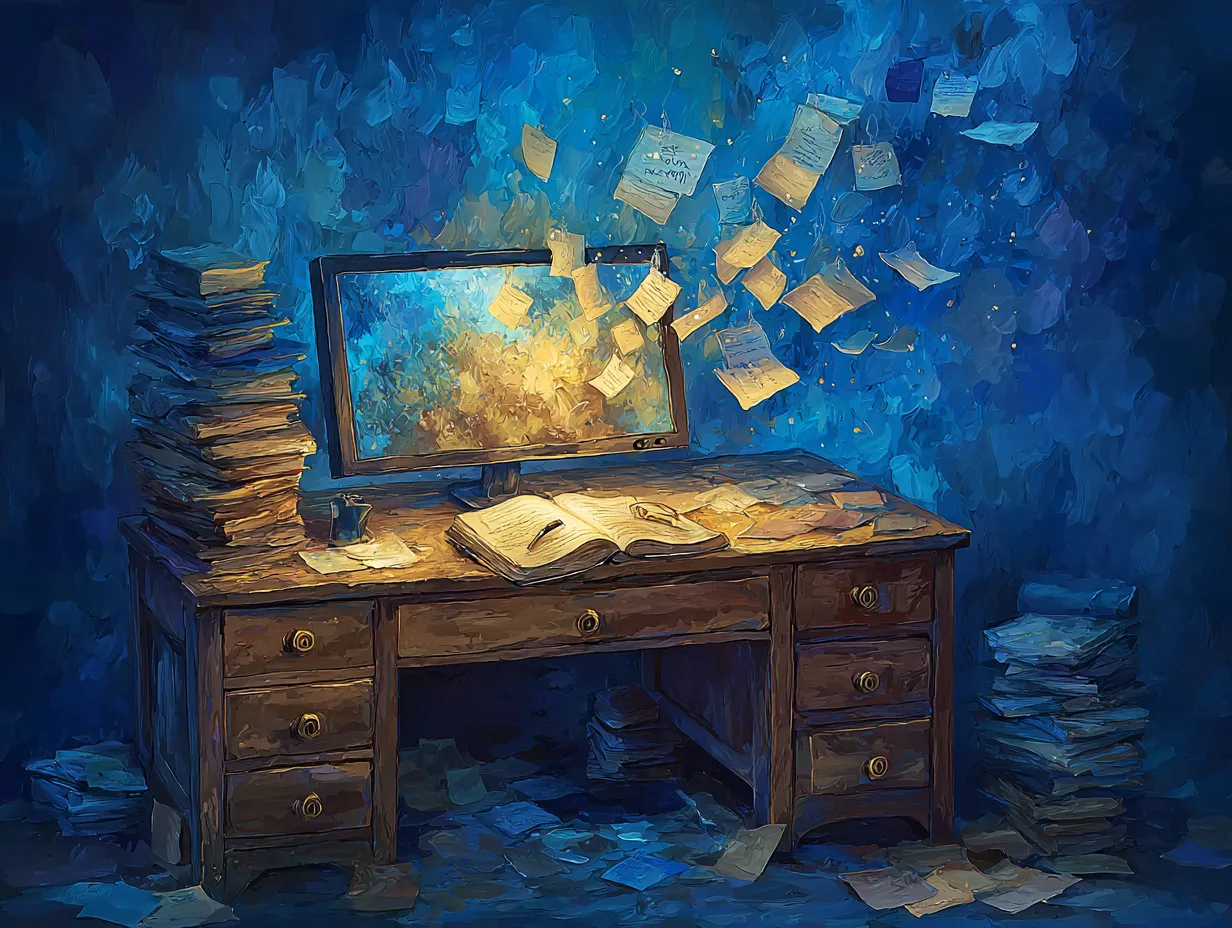 Bureau avec ordinateur, carnet et notes qui s'envolent