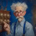Un homme âgé appuie sur l'un des boutons d'un vieux tableau de commandes en bois et laiton, son ordinateur en arrière-plan.