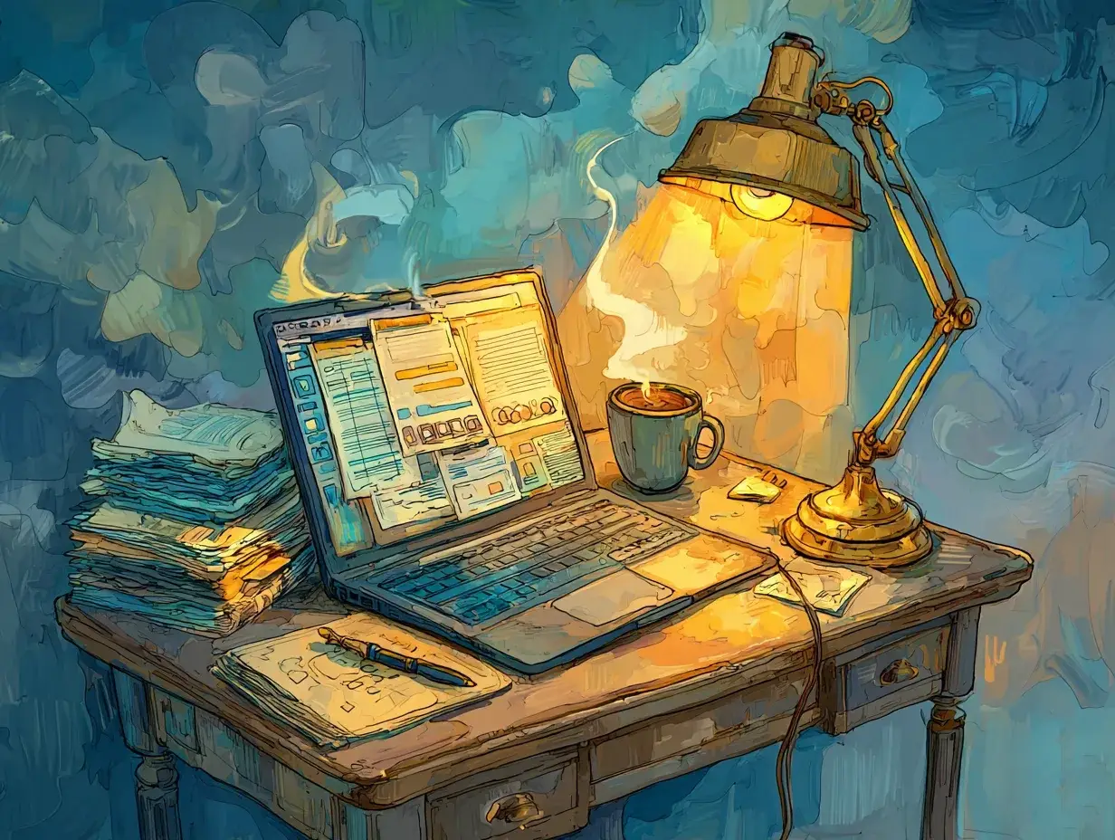 Ordinateur portable avec documents, piles de papier et lampe de bureau