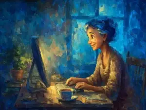 Femme souriante utilisant son ordinateur avec une tasse de thé