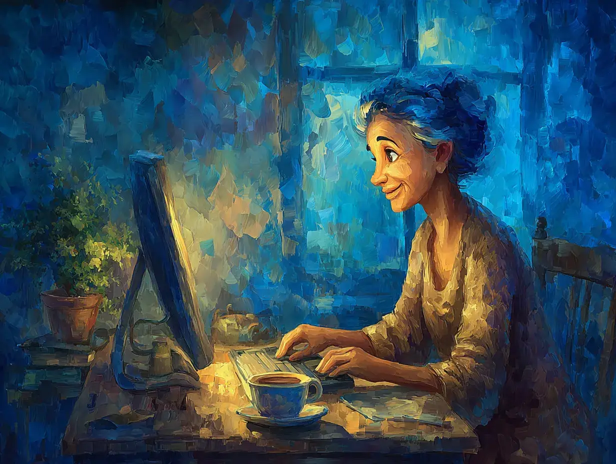 Femme souriante utilisant son ordinateur avec une tasse de thé